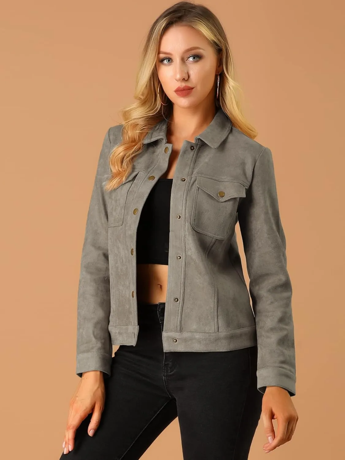 Allegra K Women's Turn-Down Collar Flap Pockets Snap Button Faux Suede Jacket