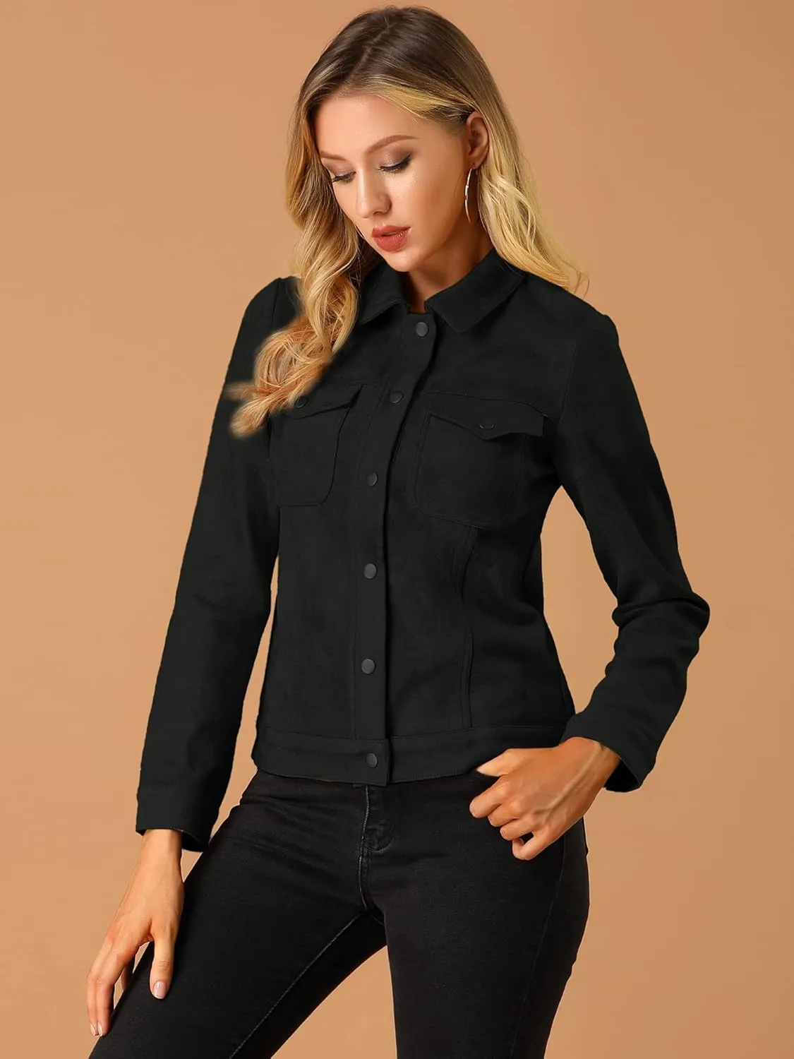 Allegra K Women's Turn-Down Collar Flap Pockets Snap Button Faux Suede Jacket