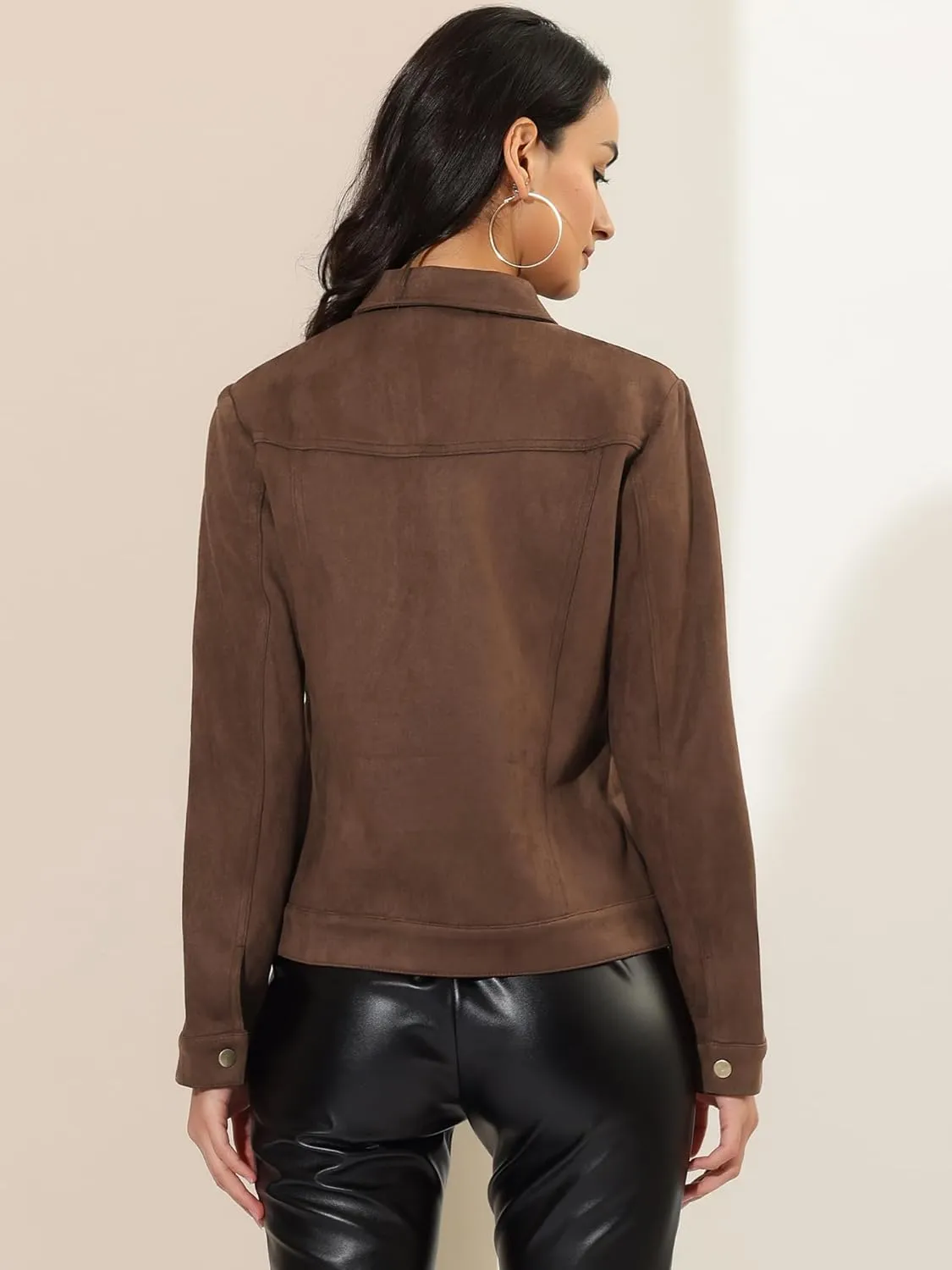 Allegra K Women's Turn-Down Collar Flap Pockets Snap Button Faux Suede Jacket