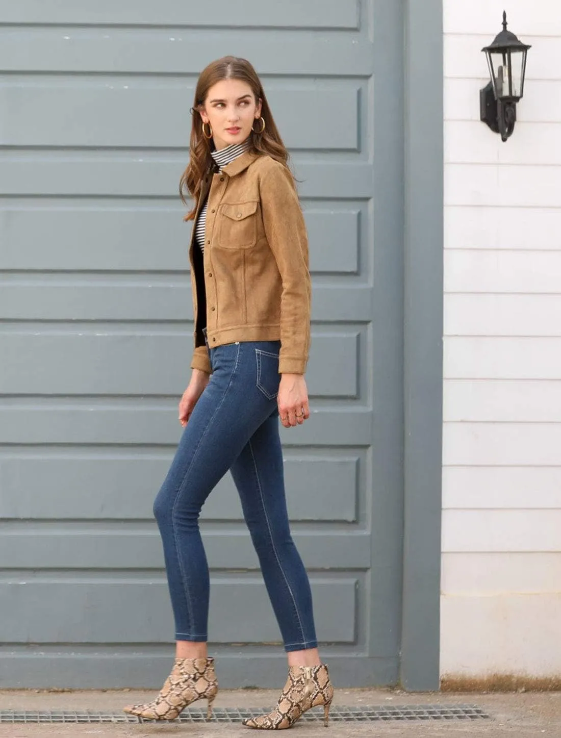 Allegra K Women's Turn-Down Collar Flap Pockets Snap Button Faux Suede Jacket