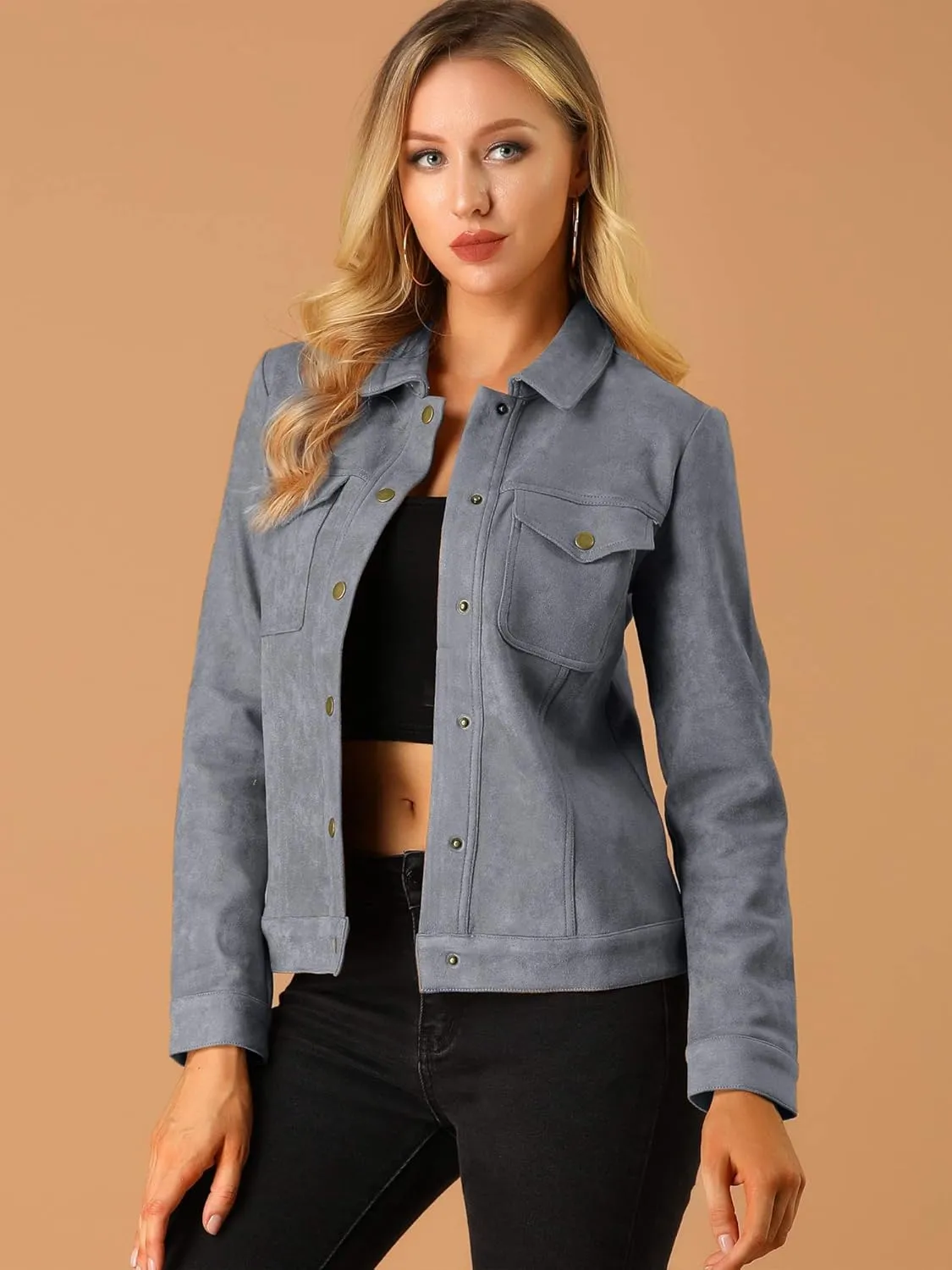 Allegra K Women's Turn-Down Collar Flap Pockets Snap Button Faux Suede Jacket