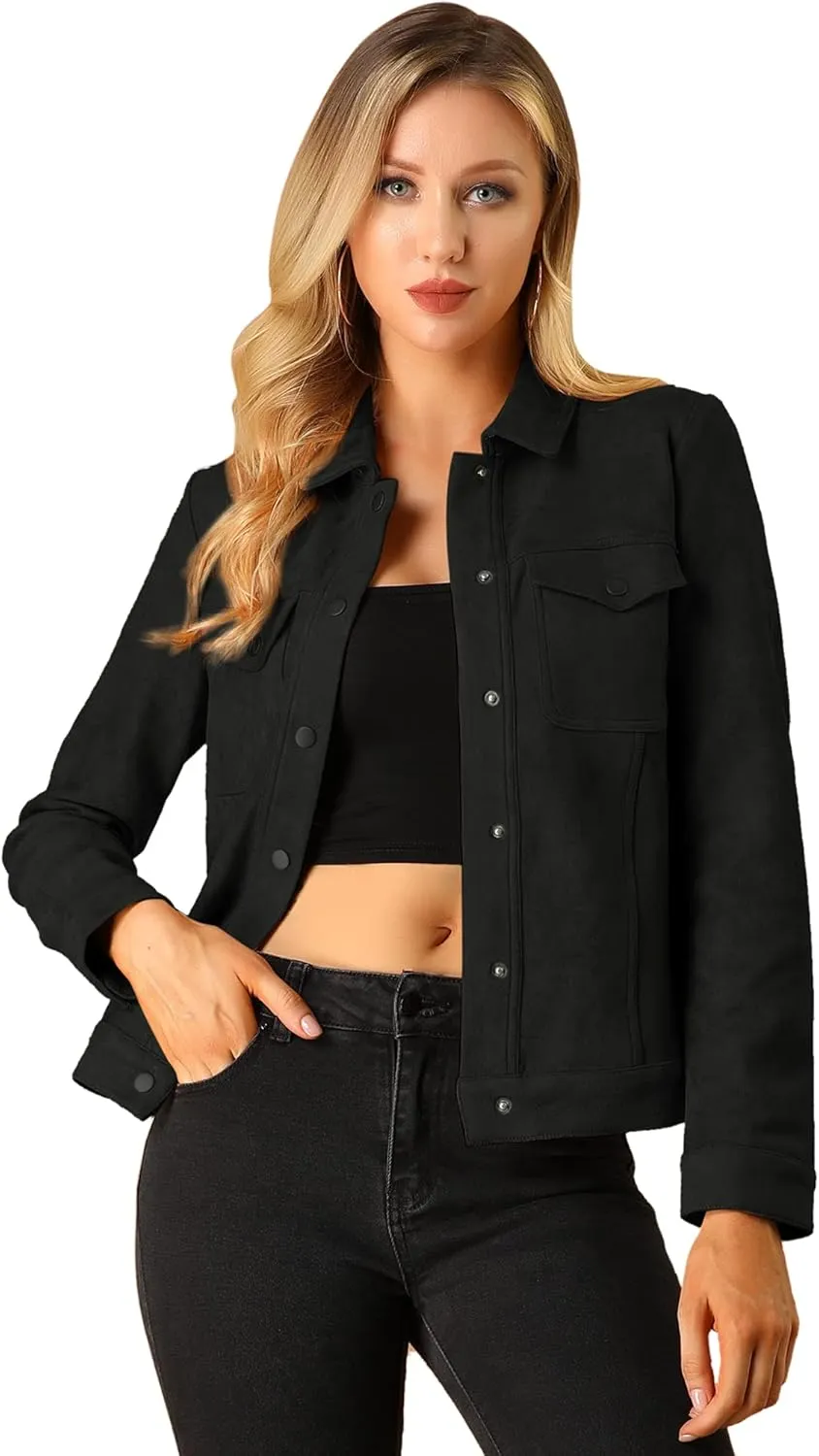 Allegra K Women's Turn-Down Collar Flap Pockets Snap Button Faux Suede Jacket