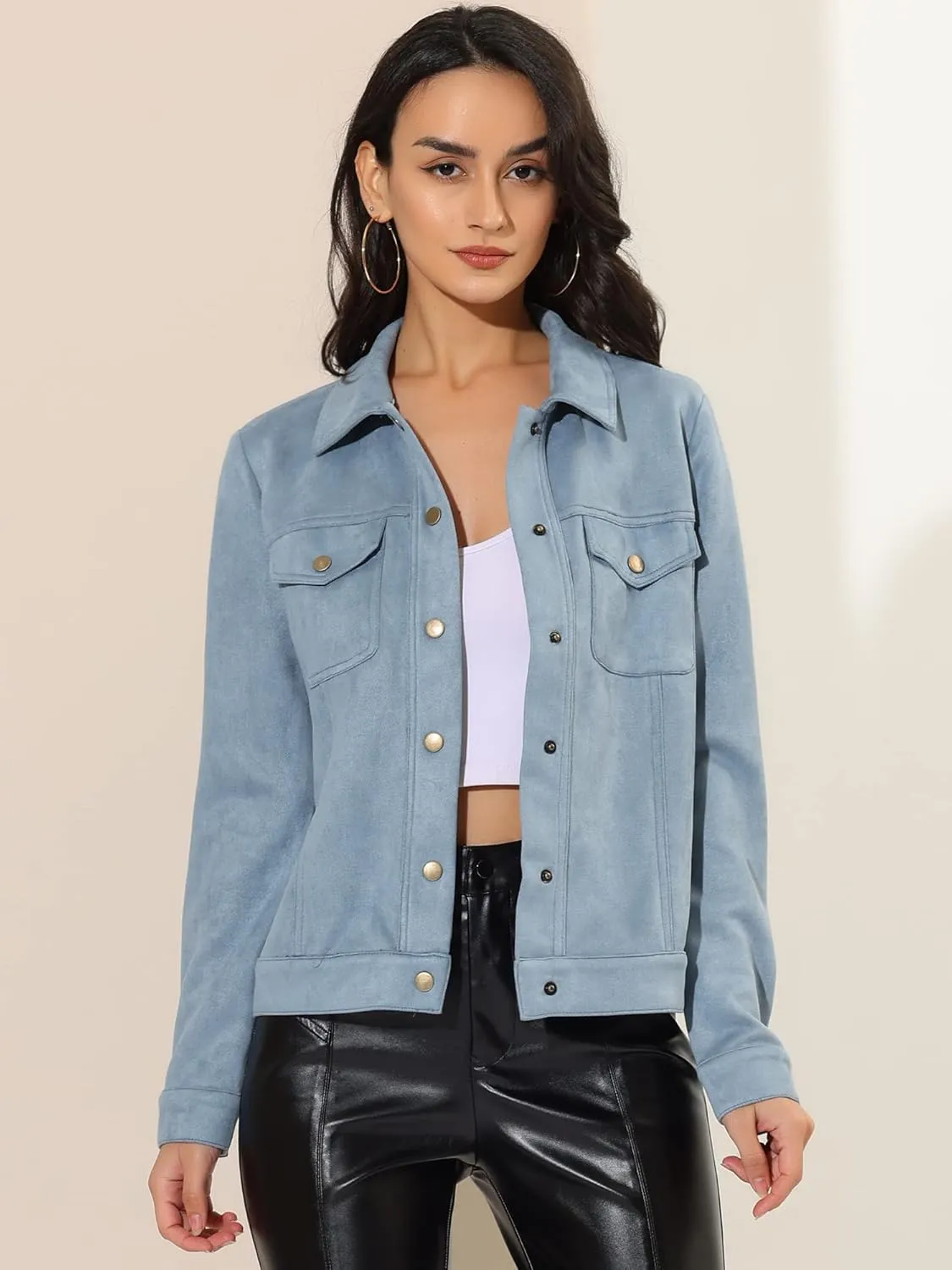 Allegra K Women's Turn-Down Collar Flap Pockets Snap Button Faux Suede Jacket