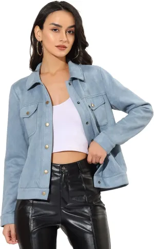 Allegra K Women's Turn-Down Collar Flap Pockets Snap Button Faux Suede Jacket