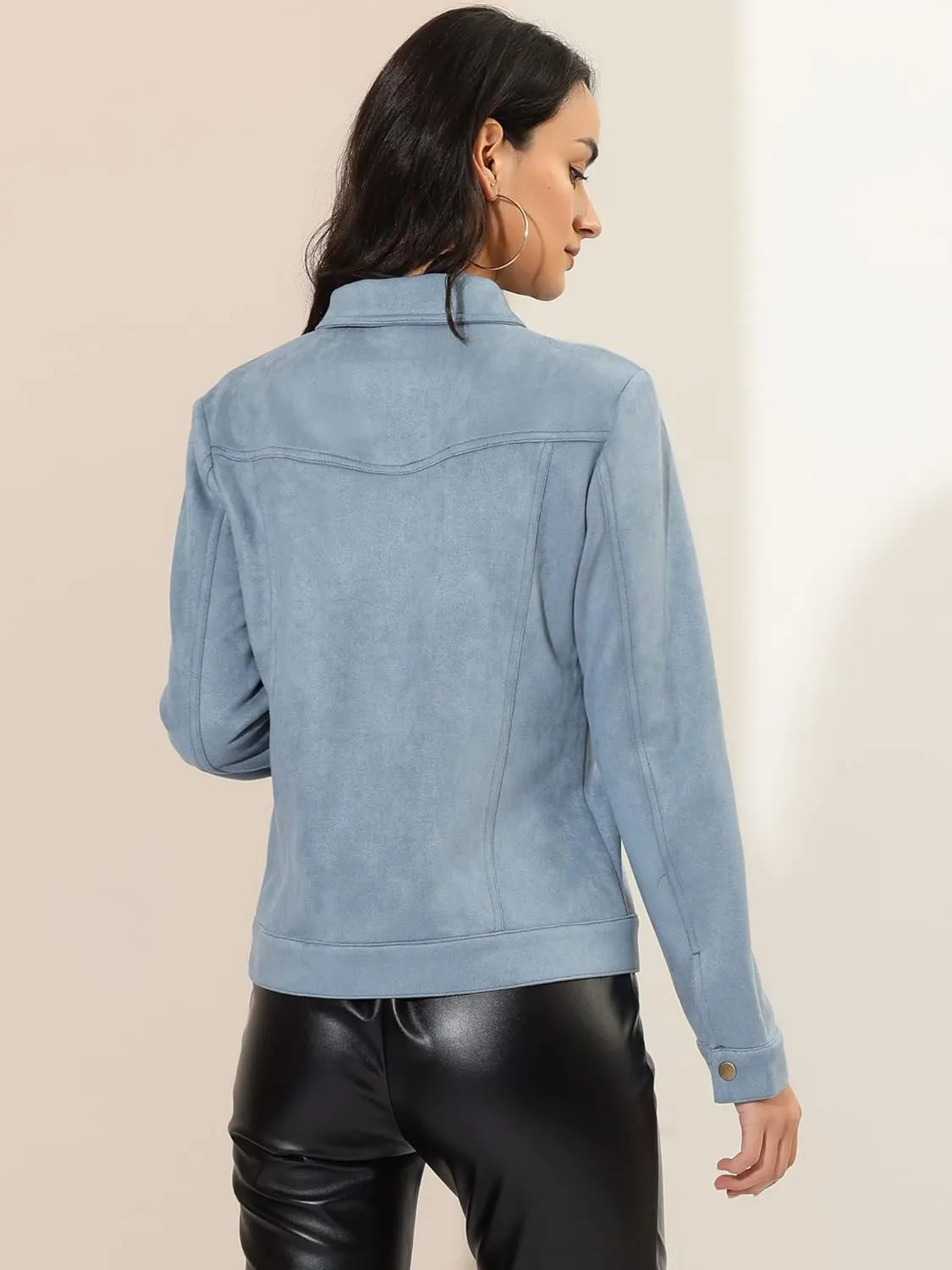 Allegra K Women's Turn-Down Collar Flap Pockets Snap Button Faux Suede Jacket