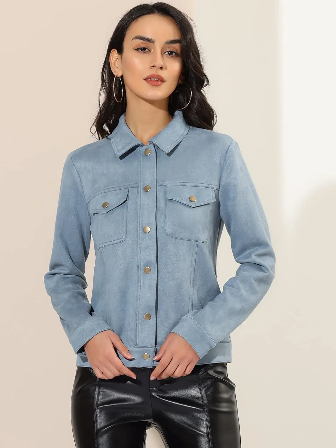 Allegra K Women's Turn-Down Collar Flap Pockets Snap Button Faux Suede Jacket