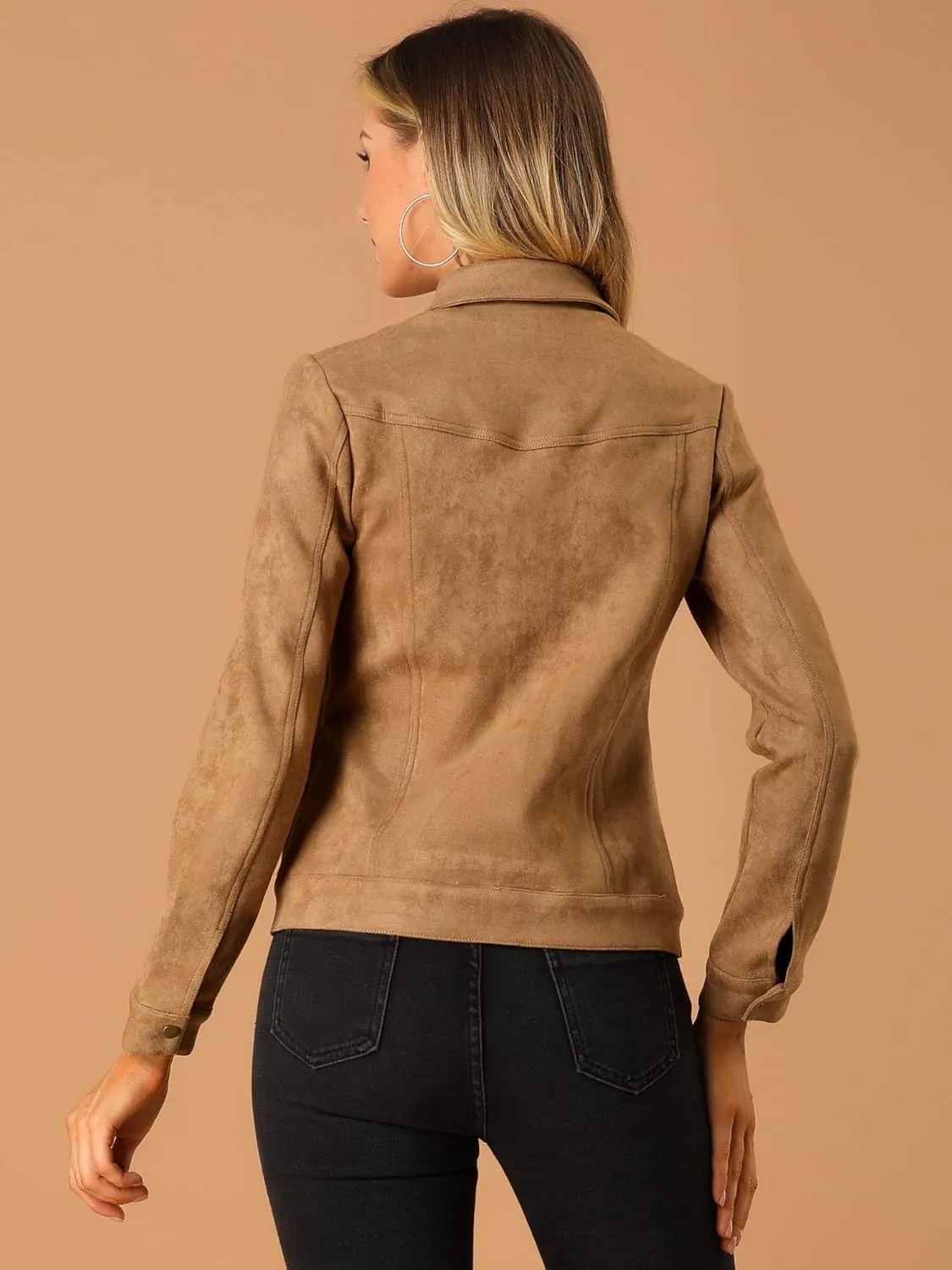 Allegra K Women's Turn-Down Collar Flap Pockets Snap Button Faux Suede Jacket