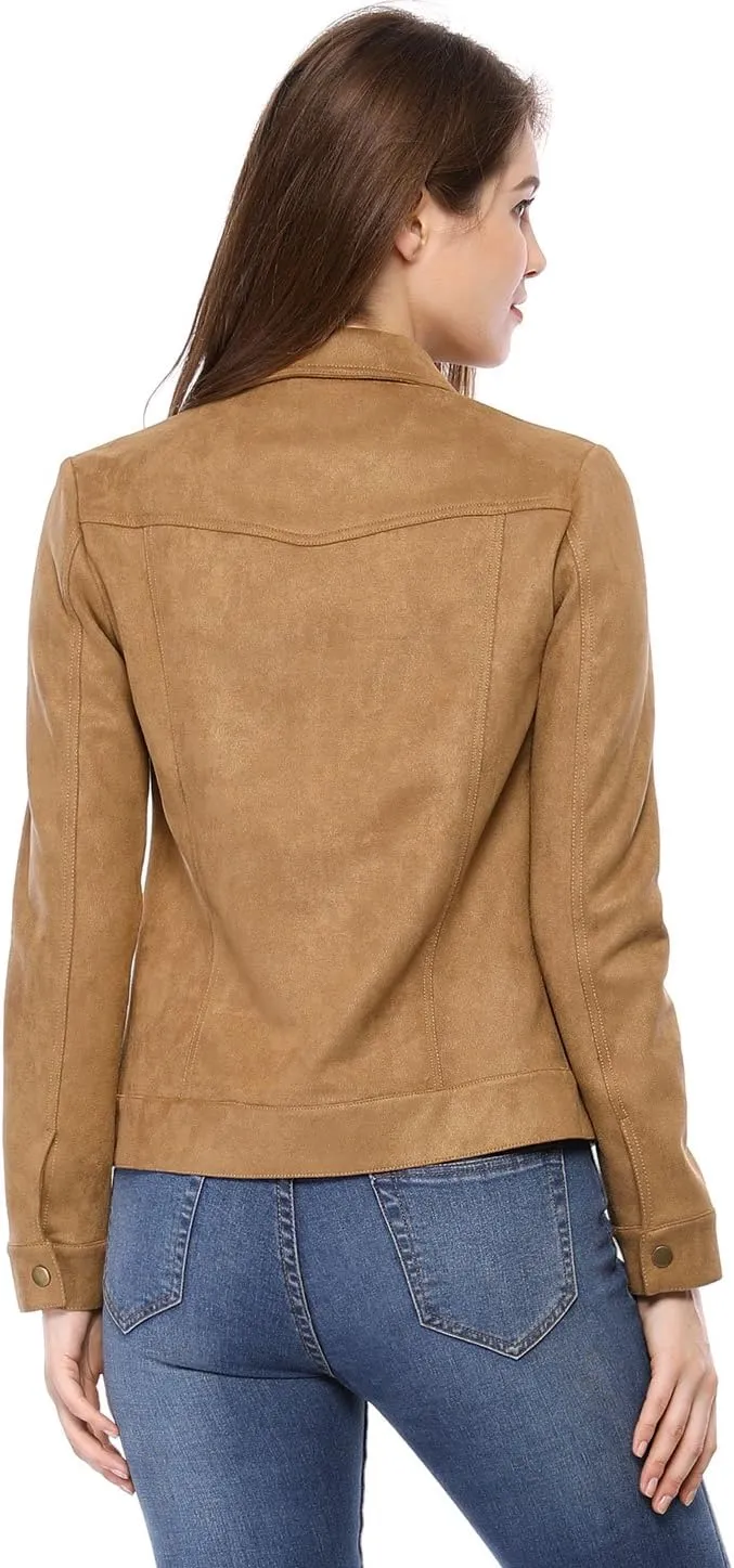 Allegra K Women's Turn-Down Collar Flap Pockets Snap Button Faux Suede Jacket