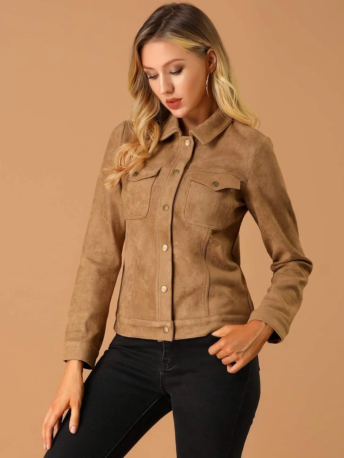 Allegra K Women's Turn-Down Collar Flap Pockets Snap Button Faux Suede Jacket