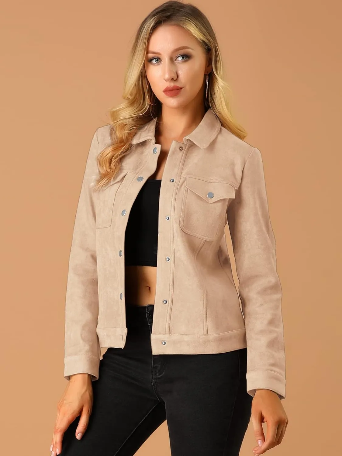 Allegra K Women's Turn-Down Collar Flap Pockets Snap Button Faux Suede Jacket