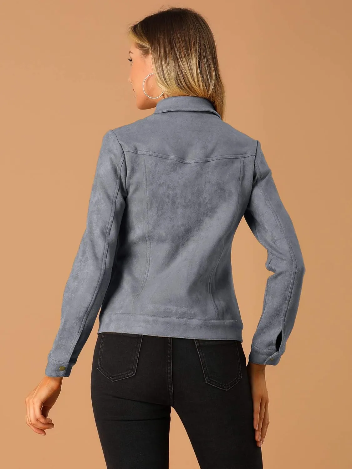 Allegra K Women's Turn-Down Collar Flap Pockets Snap Button Faux Suede Jacket