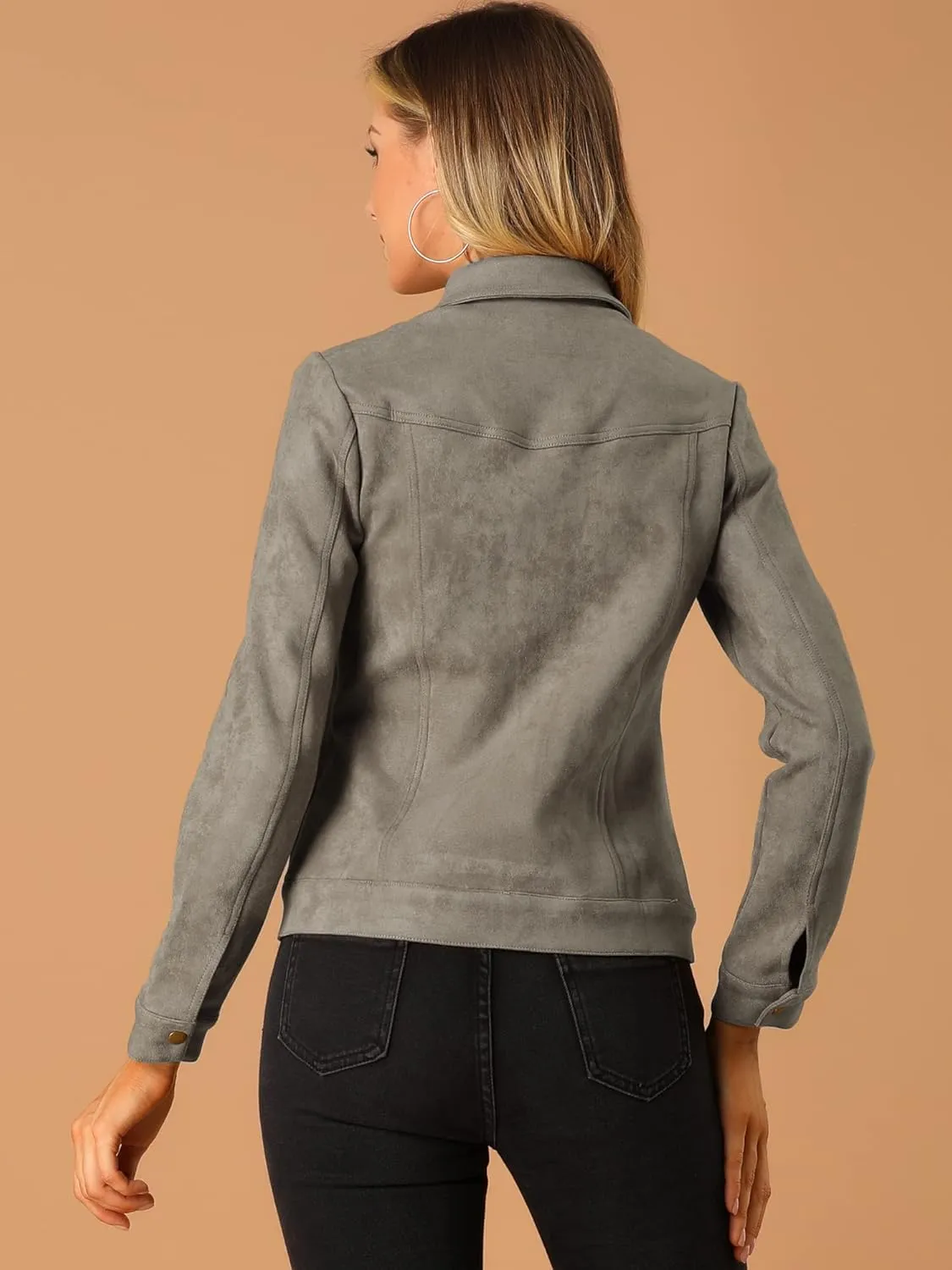 Allegra K Women's Turn-Down Collar Flap Pockets Snap Button Faux Suede Jacket