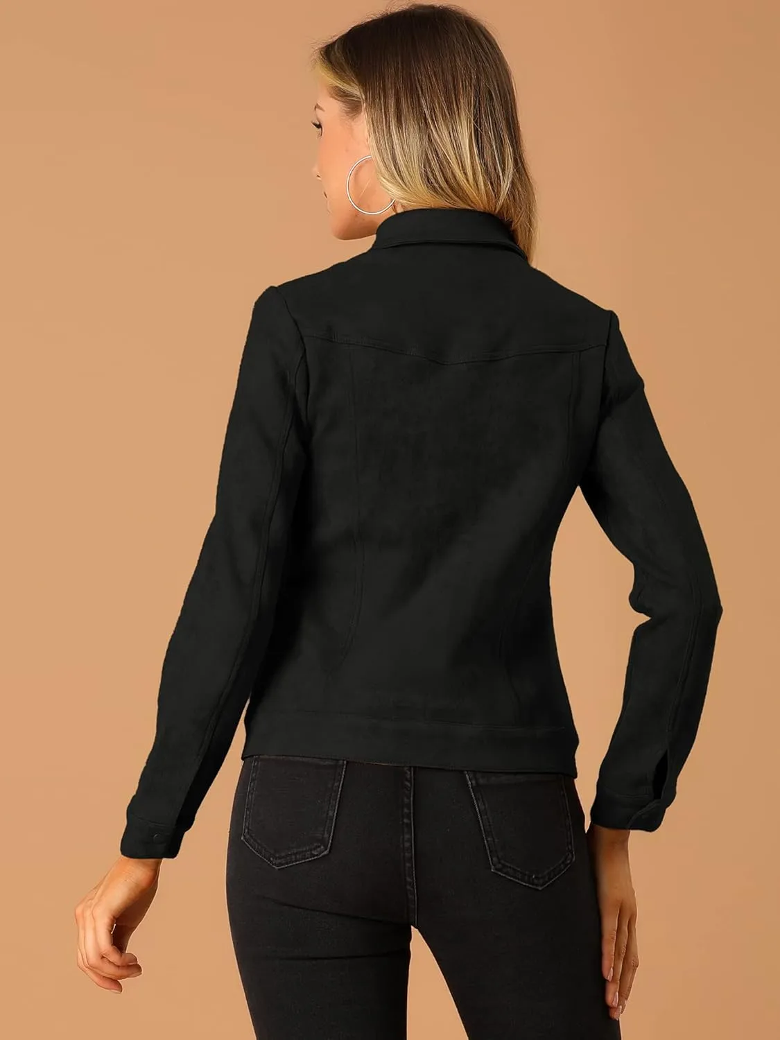 Allegra K Women's Turn-Down Collar Flap Pockets Snap Button Faux Suede Jacket