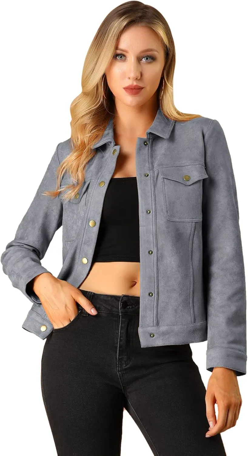 Allegra K Women's Turn-Down Collar Flap Pockets Snap Button Faux Suede Jacket