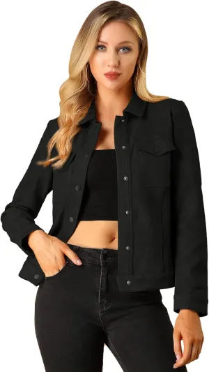 Allegra K Women's Turn-Down Collar Flap Pockets Snap Button Faux Suede Jacket