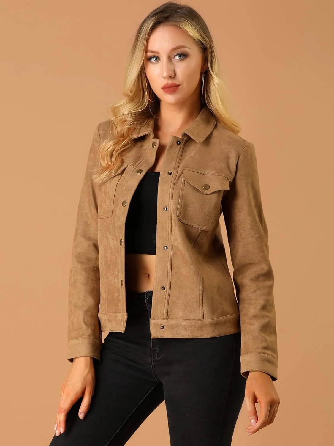 Allegra K Women's Turn-Down Collar Flap Pockets Snap Button Faux Suede Jacket