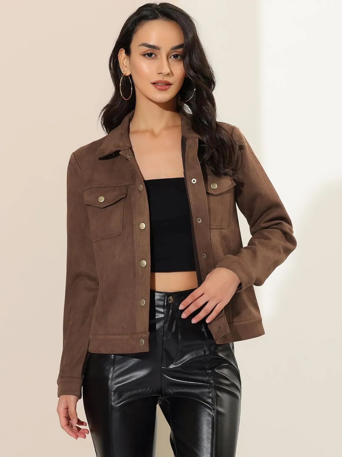 Allegra K Women's Turn-Down Collar Flap Pockets Snap Button Faux Suede Jacket