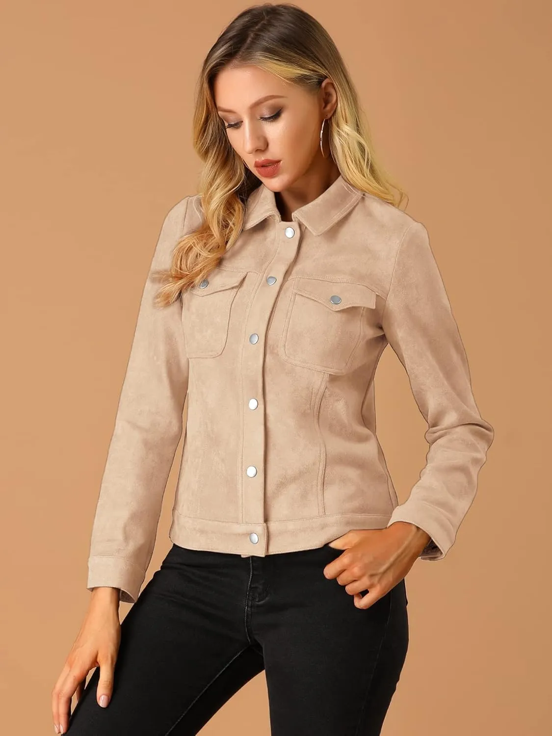 Allegra K Women's Turn-Down Collar Flap Pockets Snap Button Faux Suede Jacket