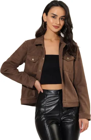 Allegra K Women's Turn-Down Collar Flap Pockets Snap Button Faux Suede Jacket