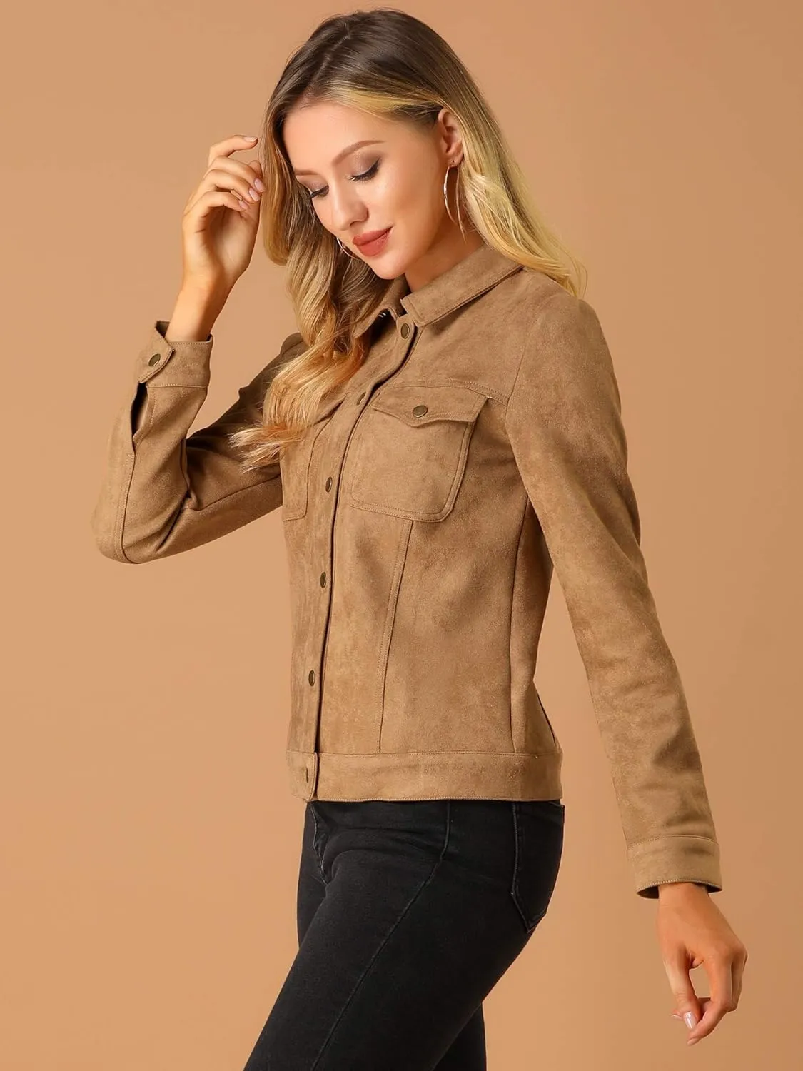 Allegra K Women's Turn-Down Collar Flap Pockets Snap Button Faux Suede Jacket