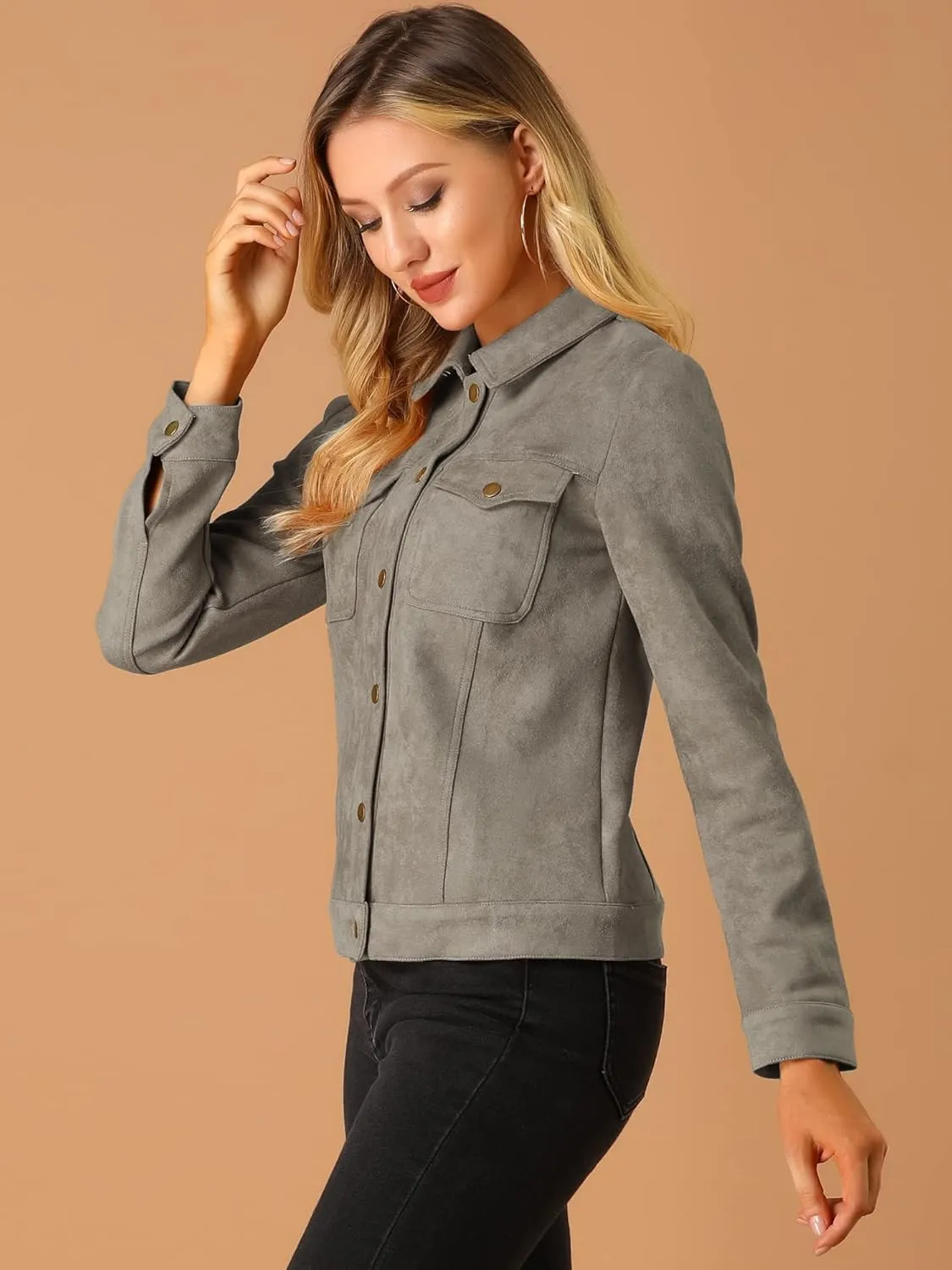 Allegra K Women's Turn-Down Collar Flap Pockets Snap Button Faux Suede Jacket