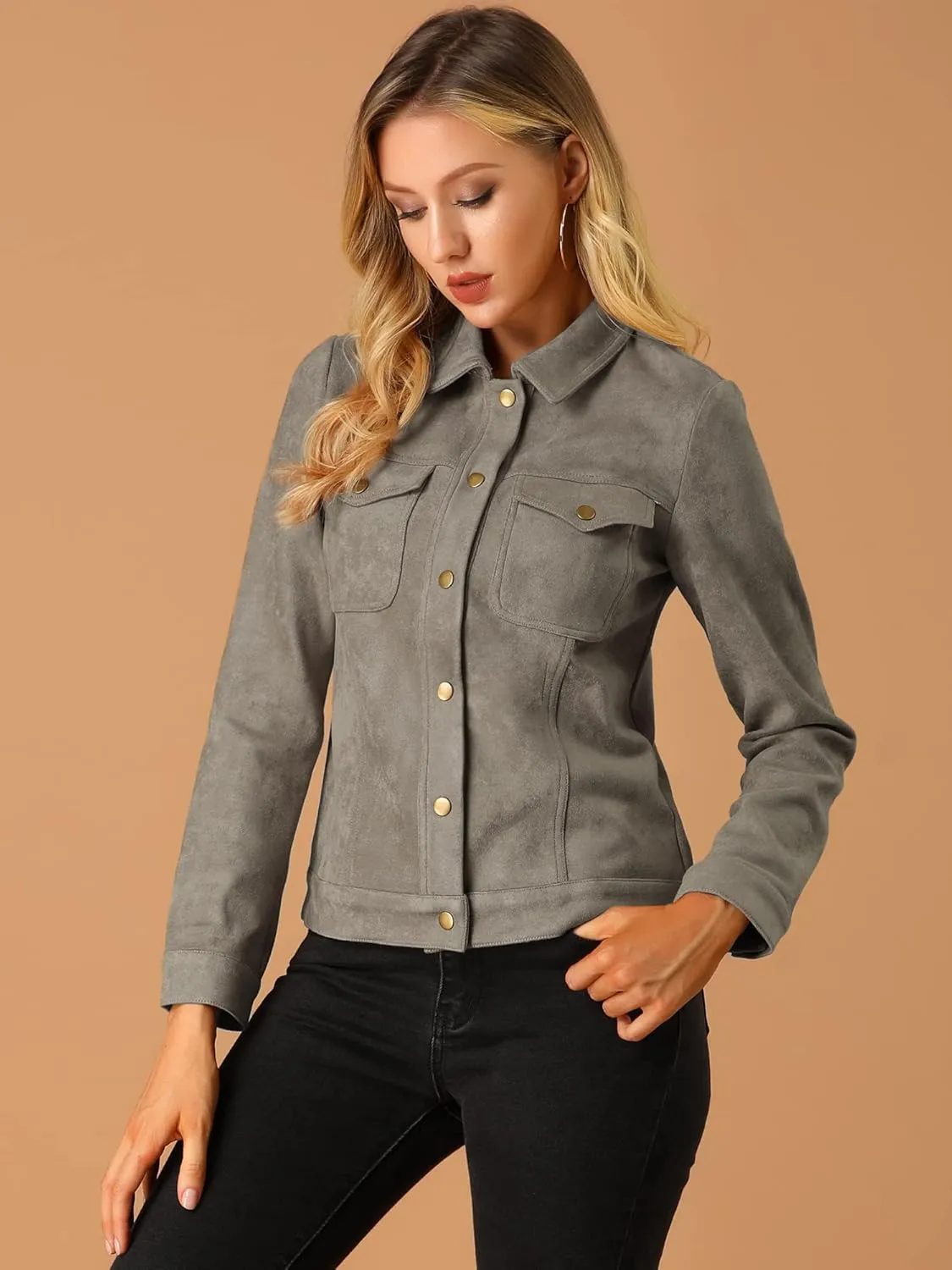 Allegra K Women's Turn-Down Collar Flap Pockets Snap Button Faux Suede Jacket