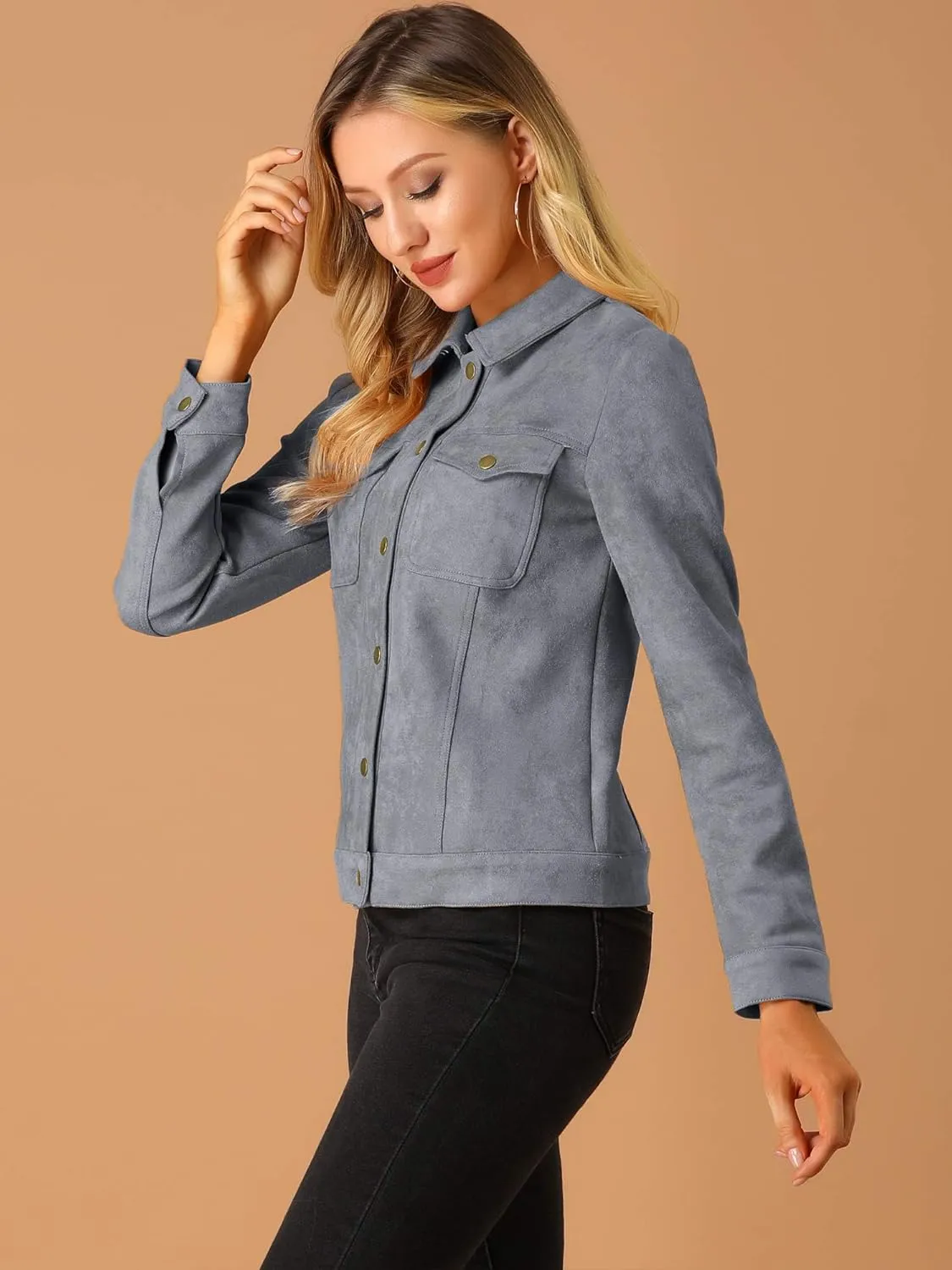 Allegra K Women's Turn-Down Collar Flap Pockets Snap Button Faux Suede Jacket
