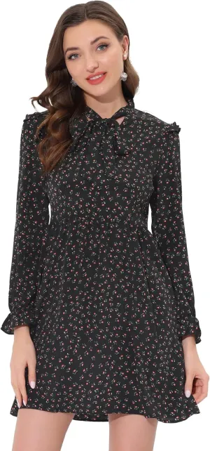 Allegra K Women's Valentine's Day Floral Print Tie Neck High Waist Long Sleeve Ruffle Cuff Mini Dress