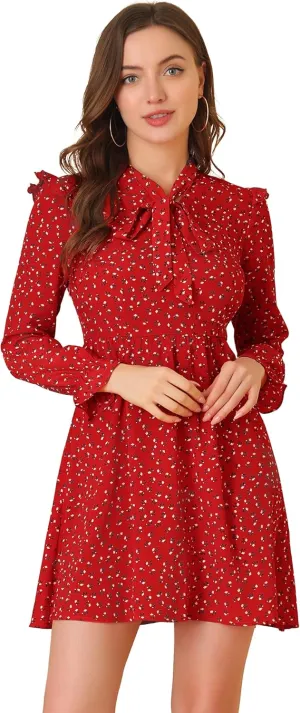 Allegra K Women's Valentine's Day Floral Print Tie Neck High Waist Long Sleeve Ruffle Cuff Mini Dress