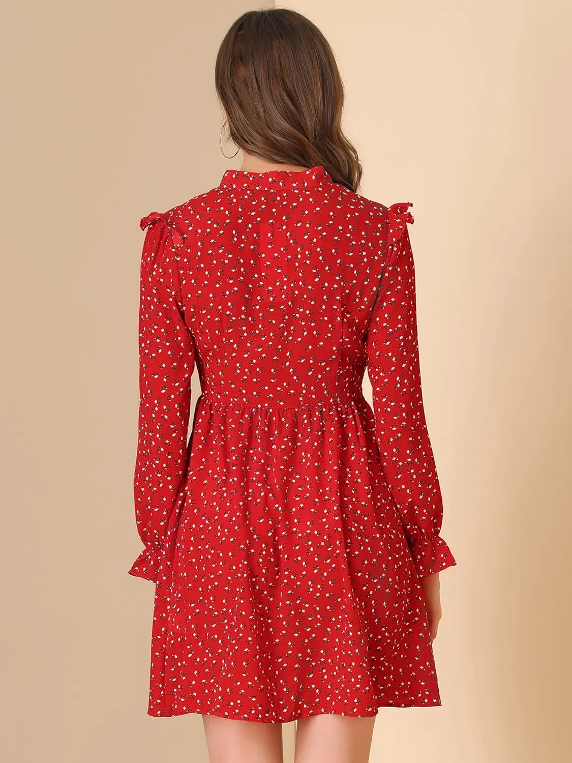 Allegra K Women's Valentine's Day Floral Print Tie Neck High Waist Long Sleeve Ruffle Cuff Mini Dress