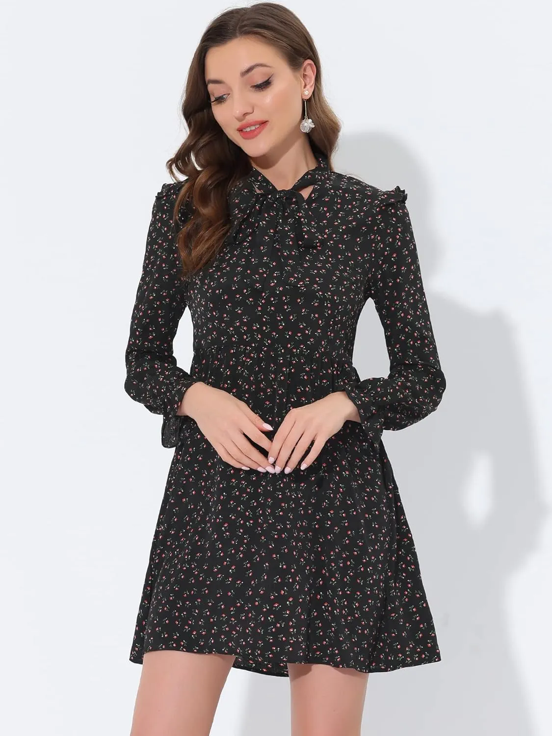 Allegra K Women's Valentine's Day Floral Print Tie Neck High Waist Long Sleeve Ruffle Cuff Mini Dress