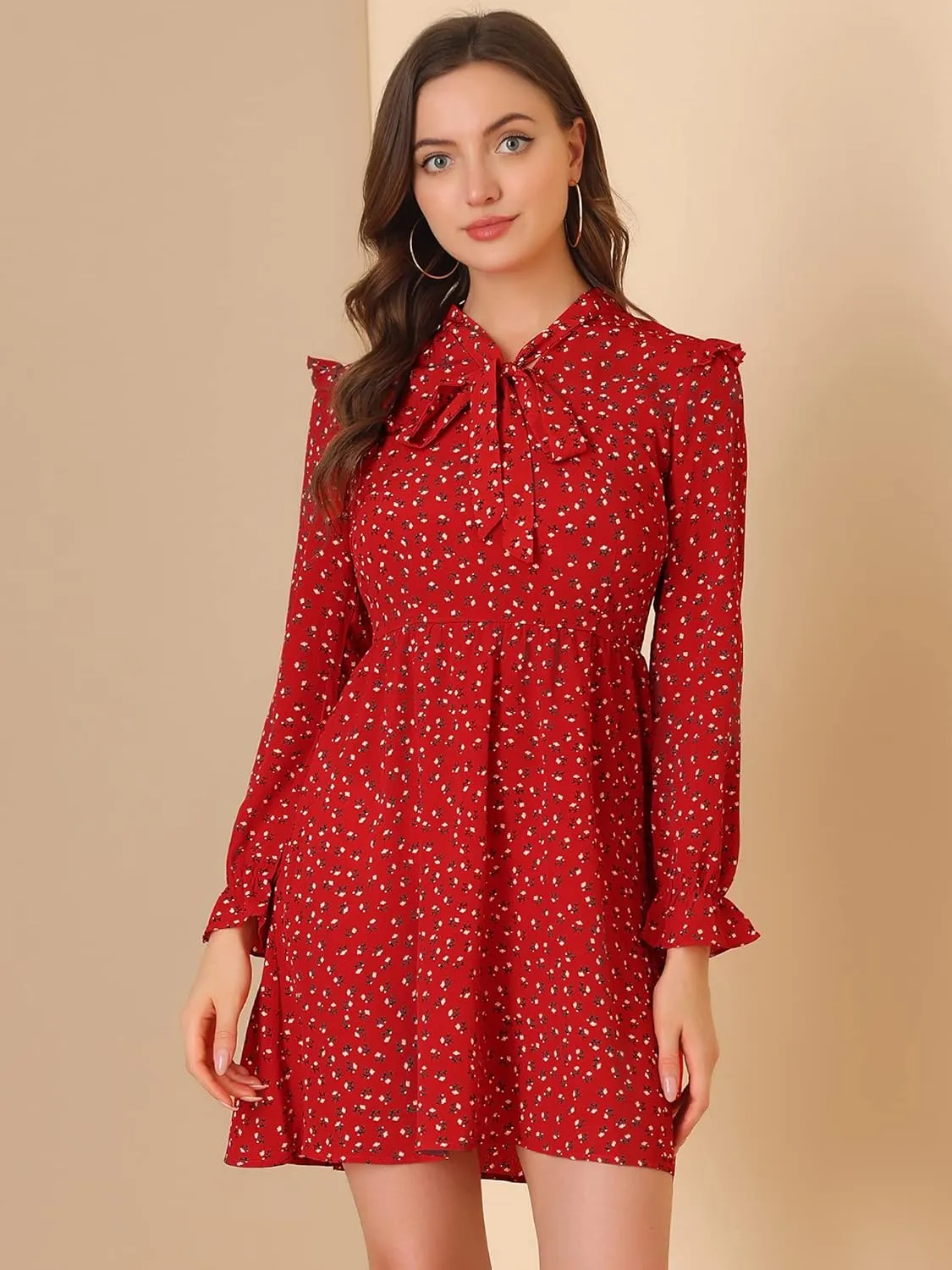 Allegra K Women's Valentine's Day Floral Print Tie Neck High Waist Long Sleeve Ruffle Cuff Mini Dress