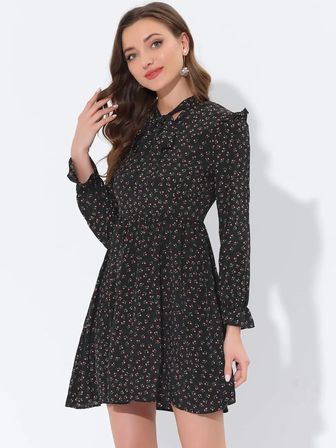 Allegra K Women's Valentine's Day Floral Print Tie Neck High Waist Long Sleeve Ruffle Cuff Mini Dress