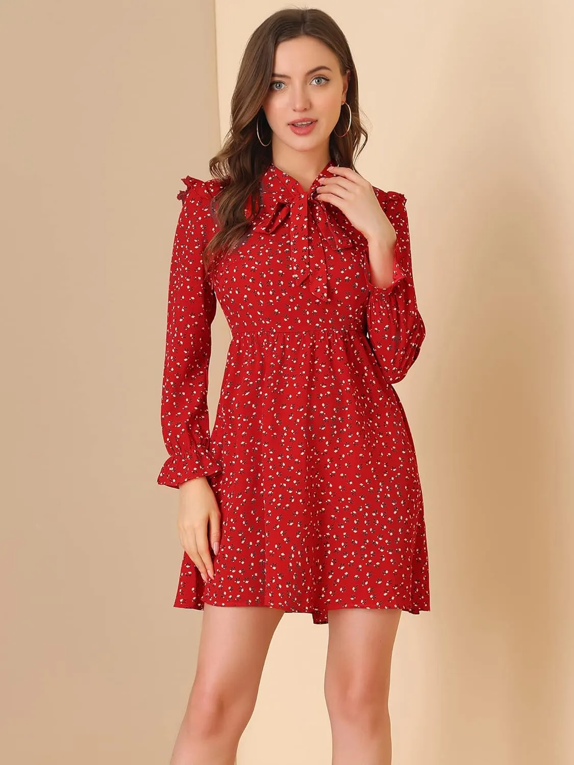 Allegra K Women's Valentine's Day Floral Print Tie Neck High Waist Long Sleeve Ruffle Cuff Mini Dress