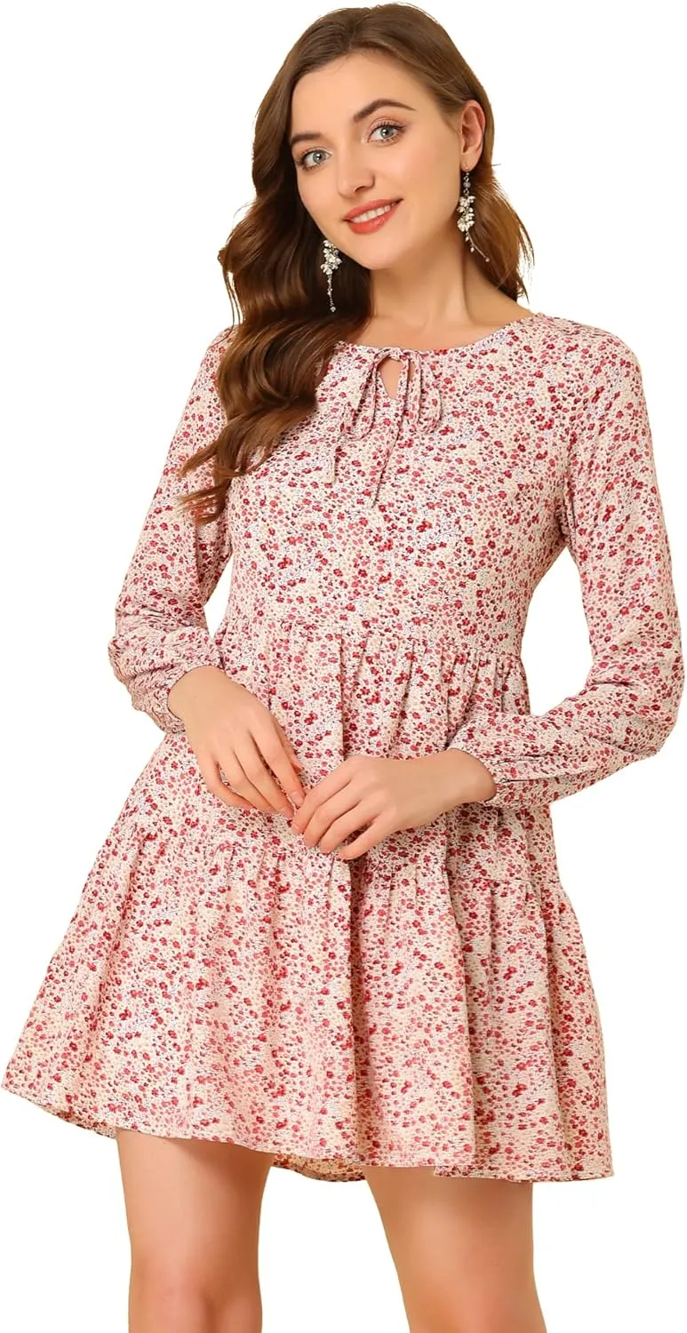 Allegra K Women's Valentine's Day Floral Print Tiered Lightweight Flowy Long Sleeve Dress