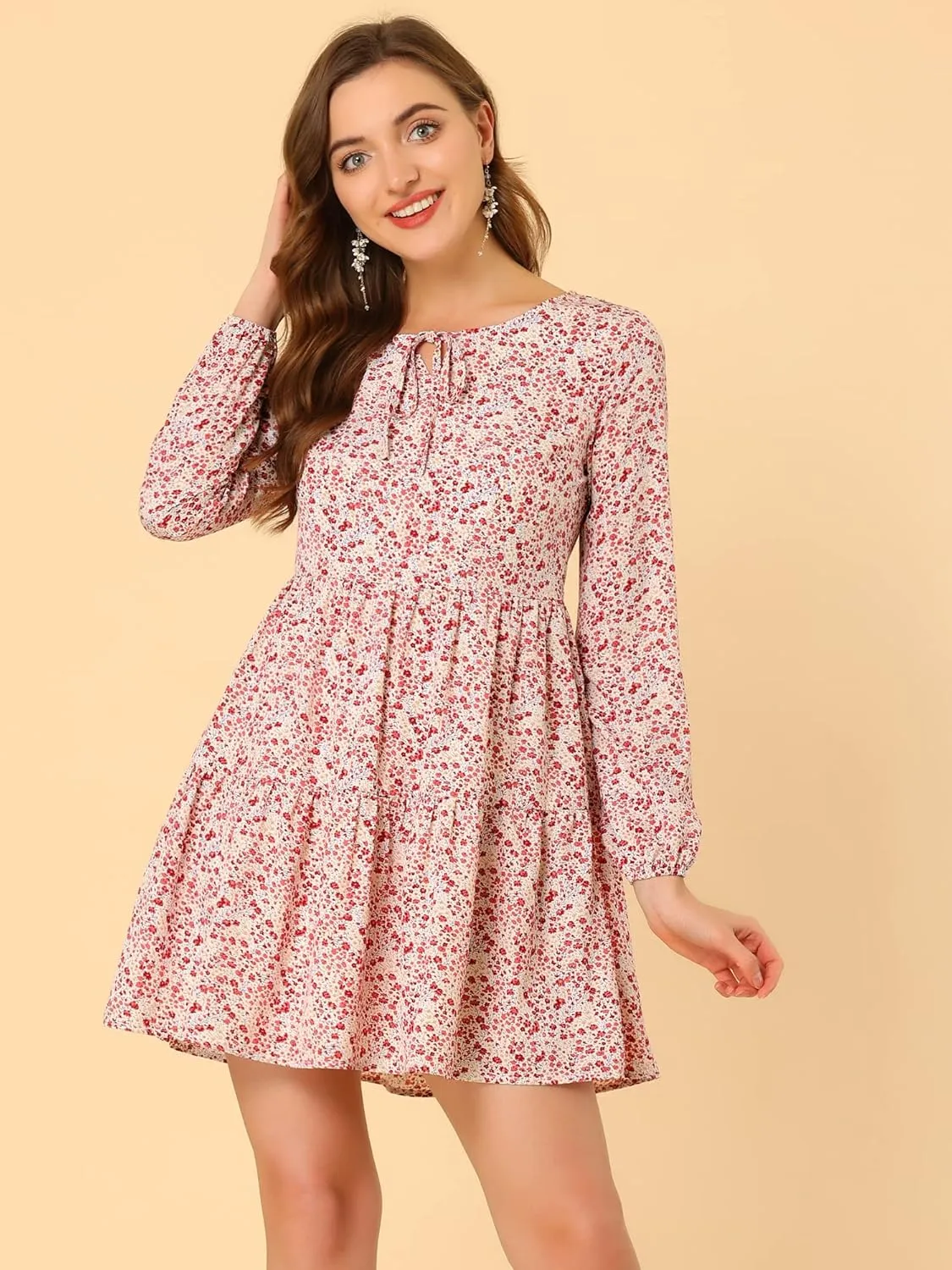 Allegra K Women's Valentine's Day Floral Print Tiered Lightweight Flowy Long Sleeve Dress