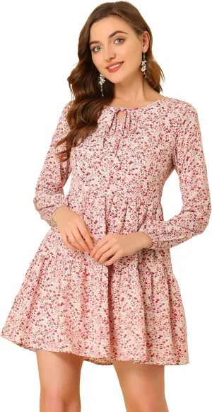 Allegra K Women's Valentine's Day Floral Print Tiered Lightweight Flowy Long Sleeve Dress