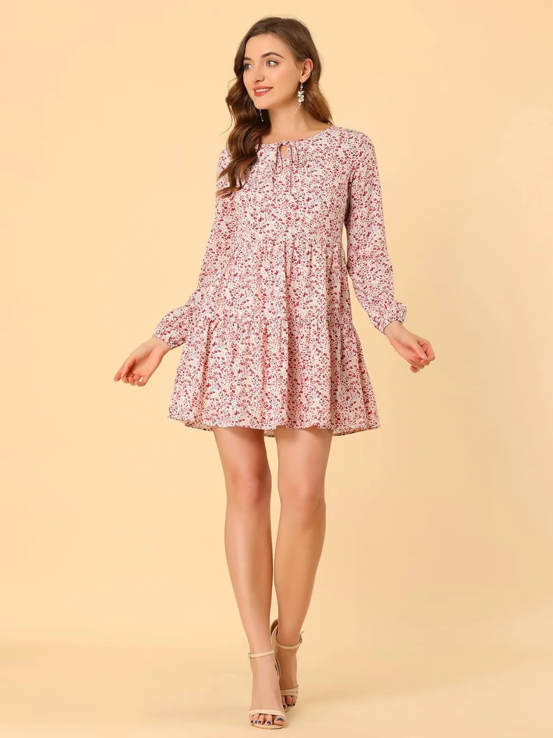 Allegra K Women's Valentine's Day Floral Print Tiered Lightweight Flowy Long Sleeve Dress