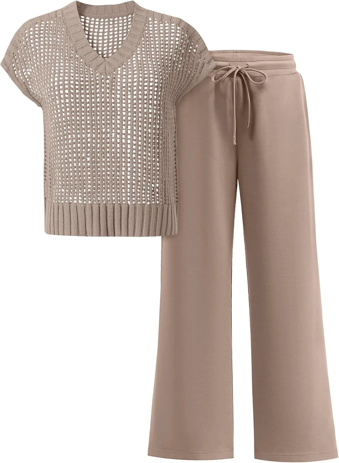 ANRABESS Women 2 Piece Lounge Sets Crochet Knit Sweater Vest Wide Leg Pants Summer Casual Travel Matching Outfits Clothes
