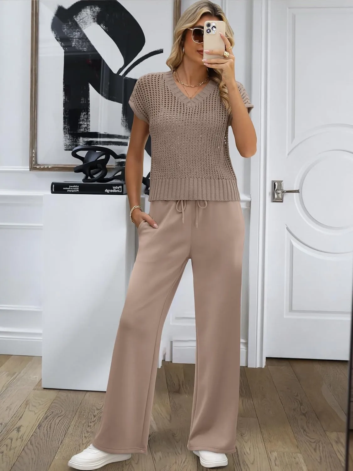 ANRABESS Women 2 Piece Lounge Sets Crochet Knit Sweater Vest Wide Leg Pants Summer Casual Travel Matching Outfits Clothes