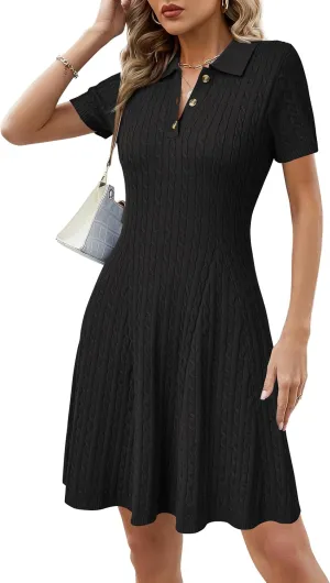Arach&Cloz Women's Summer Polo Dresses 2025 Short Sleeve Cable Knitted Fashion Business Work Casual A Line Dress