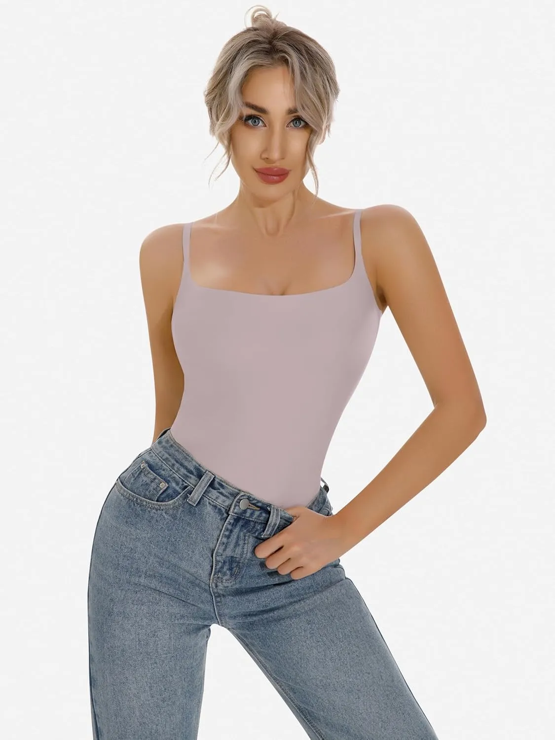 Artdear Women's Square Neck Tank Top Basic Spaghetti Straps Camisole Sexy Double Lined Cami Crop Tops Air Touch Fabric