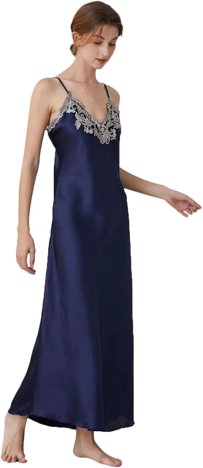 ASHER FASHION Satin Nightgowns for Women Long Silk Nightdress Vintage Lace Chemise Maxi Sleepwear