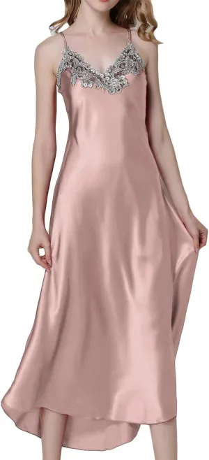 ASHER FASHION Satin Nightgowns for Women Long Silk Nightdress Vintage Lace Chemise Maxi Sleepwear