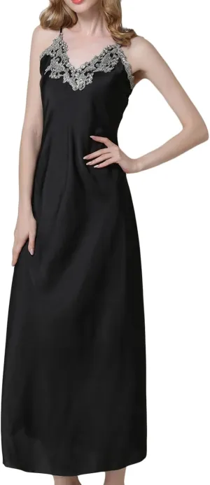 ASHER FASHION Satin Nightgowns for Women Long Silk Nightdress Vintage Lace Chemise Maxi Sleepwear