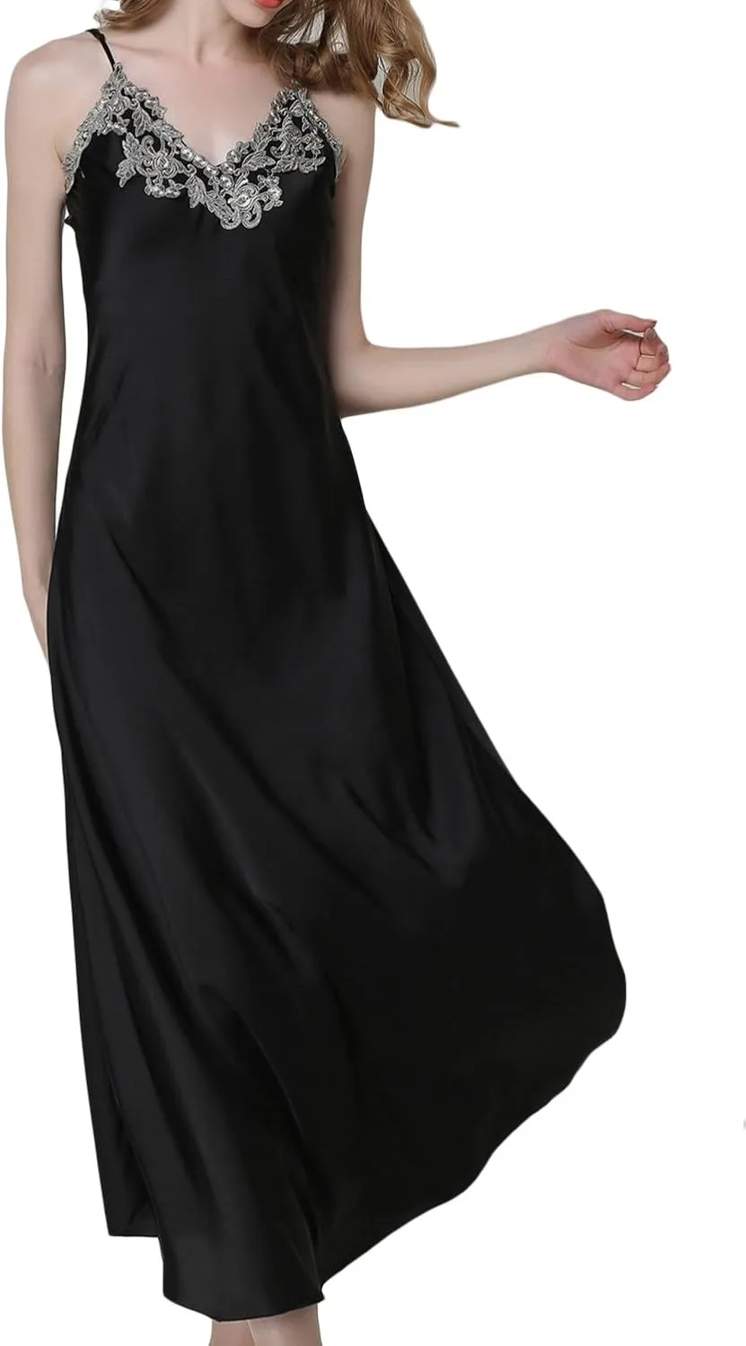 ASHER FASHION Satin Nightgowns for Women Long Silk Nightdress Vintage Lace Chemise Maxi Sleepwear