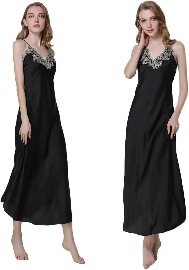 ASHER FASHION Satin Nightgowns for Women Long Silk Nightdress Vintage Lace Chemise Maxi Sleepwear