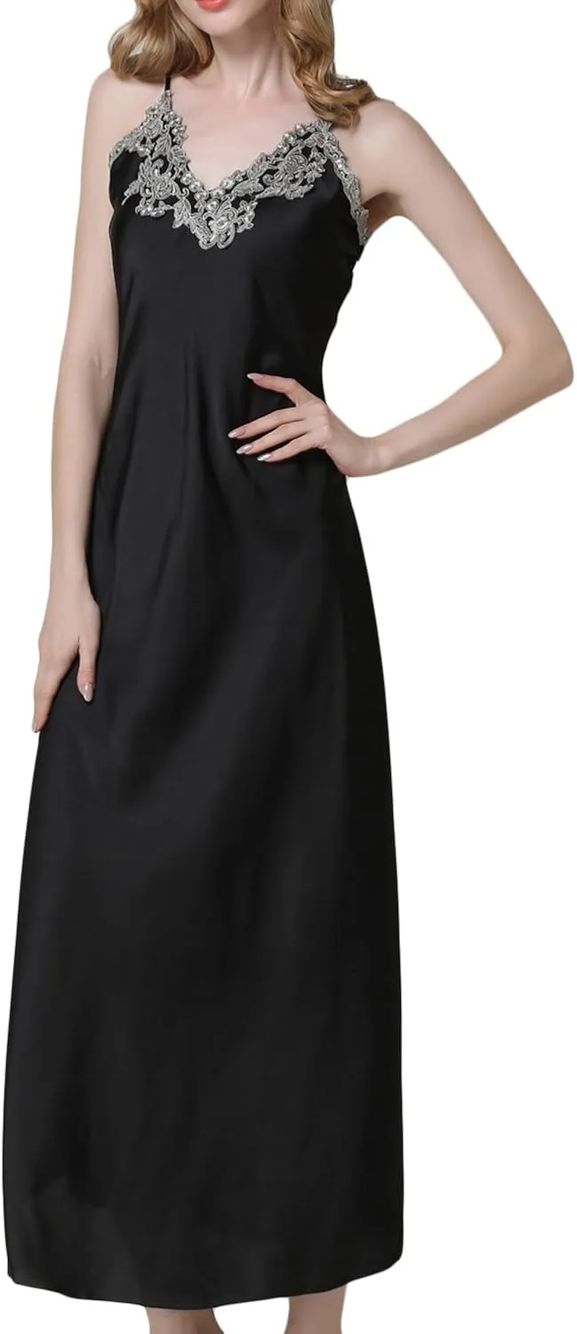 ASHER FASHION Satin Nightgowns for Women Long Silk Nightdress Vintage Lace Chemise Maxi Sleepwear