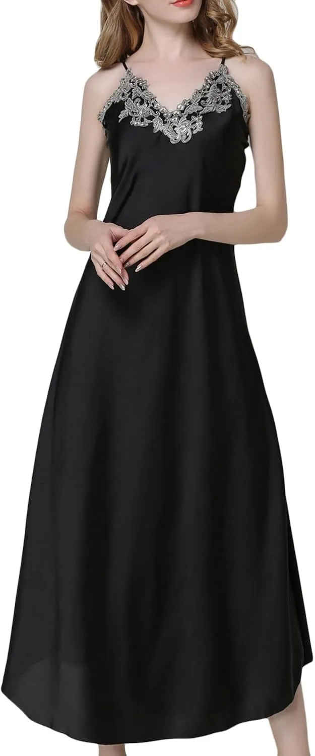 ASHER FASHION Satin Nightgowns for Women Long Silk Nightdress Vintage Lace Chemise Maxi Sleepwear