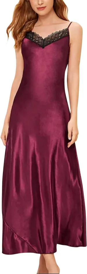 ASHER FASHION Satin Nightgowns for Women Long Silk Nightdress Vintage Lace Chemise Maxi Sleepwear